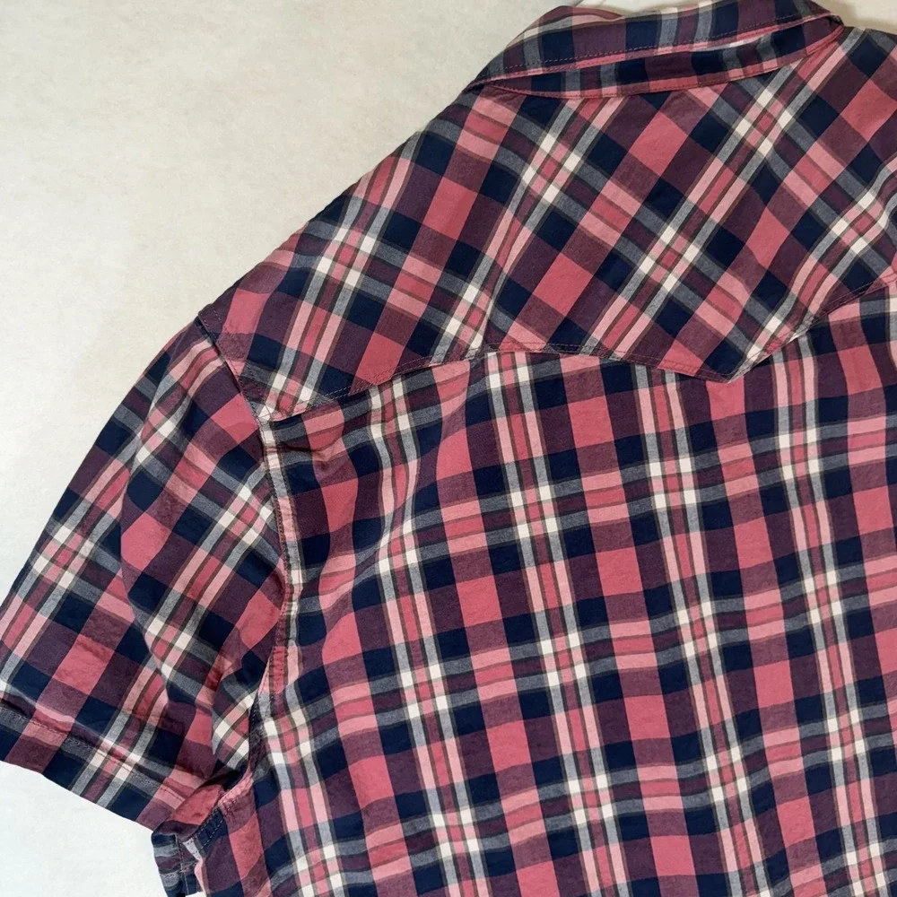 Lucky Brand Mens XXL Pink Navy Plaid Short Sleeve Pearl Snap‎ Western Shirt Y2K